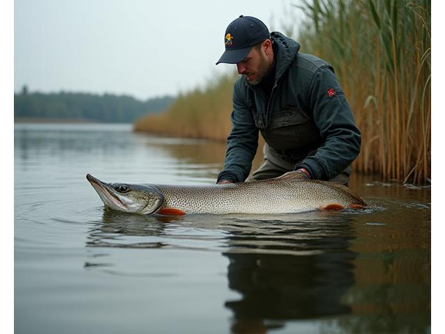 Ein Angler, der einen großen Hecht an einem Ufer des Greifensees landet, umgeben von Schilf und einer ruhigen Seeoberfläche.