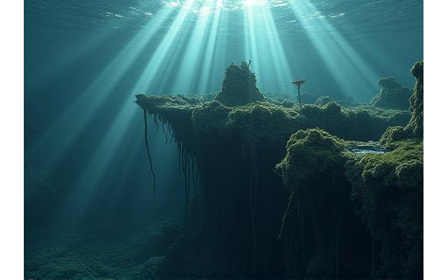 Ein Unterwasserbild, das eine steile Felskante oder eine versunkene Baumstruktur in einem See zeigt, mit einem Raubfisch, der sich dort versteckt. Gedämpftes Tageslicht von oben.