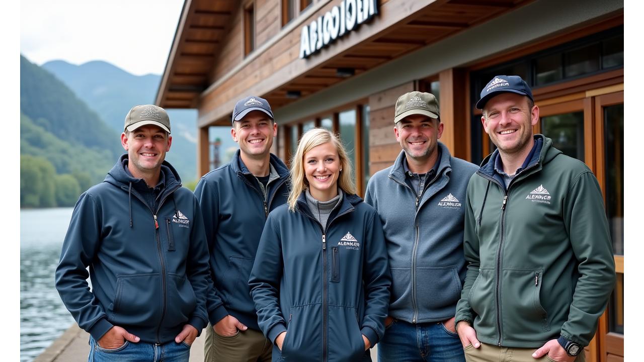 Das gesamte AlpenAngler Outfitters Expertenteam vor dem Geschäft mit Blick auf den Zürichsee