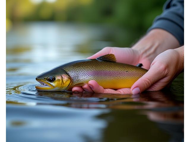 Angler, der einen Fisch sanft mit nassen Händen ins Wasser zurücksetzt, Fokus auf schonende C&R Technik.